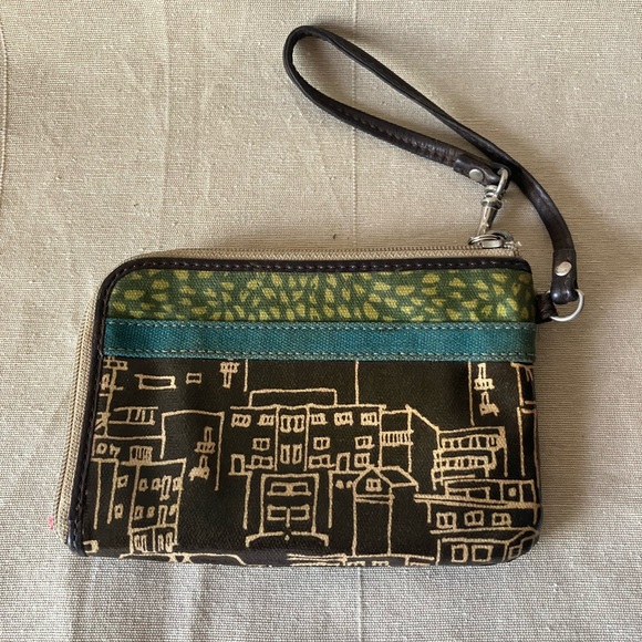 Fossil Key-Per Wallet Wristlet City Print Zipper Pouch Coated Canvas & Leather - Picture 2 of 9